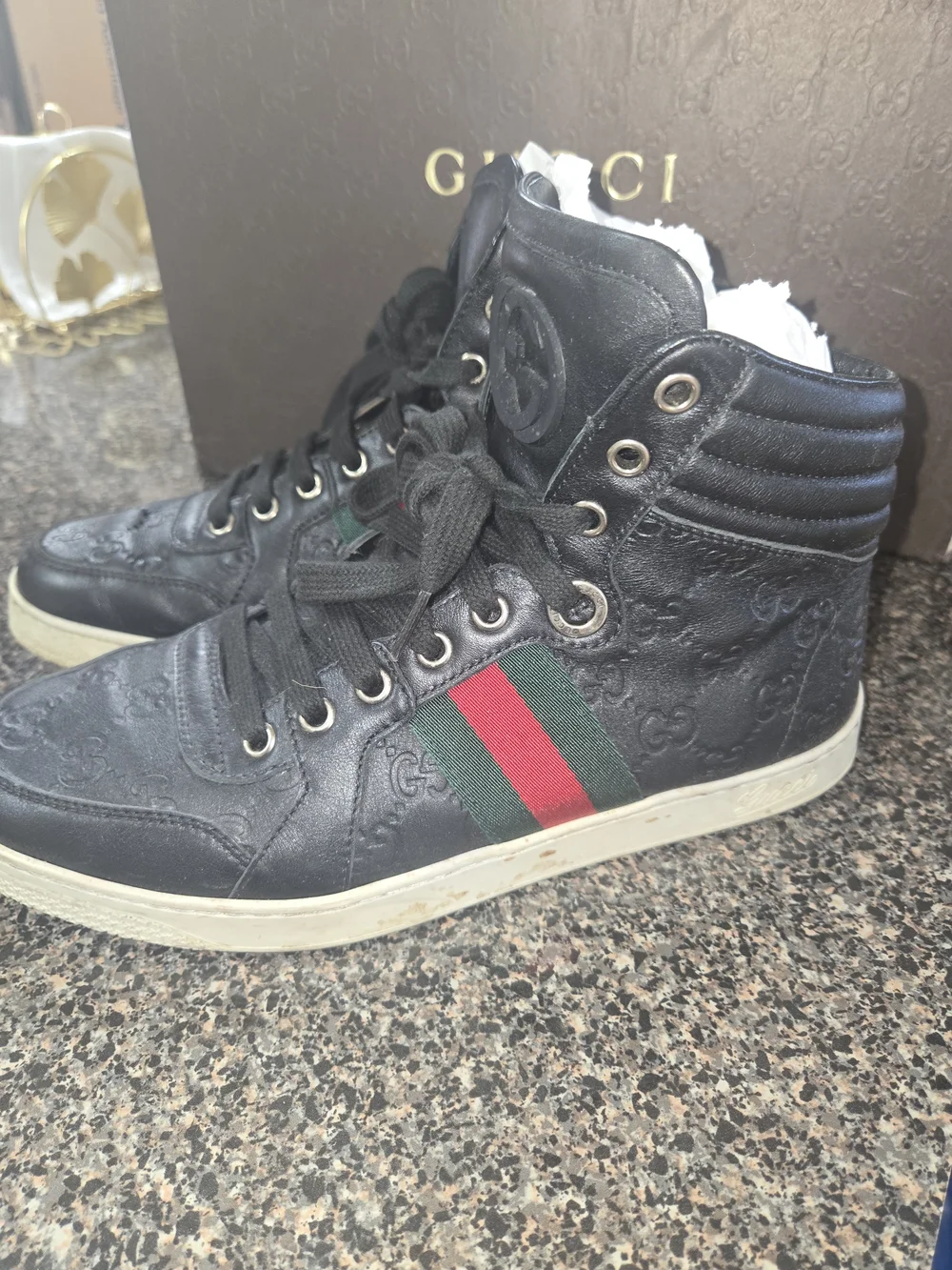 Gucci Black Leather High-Top Sneakers with Signature Web Stripe